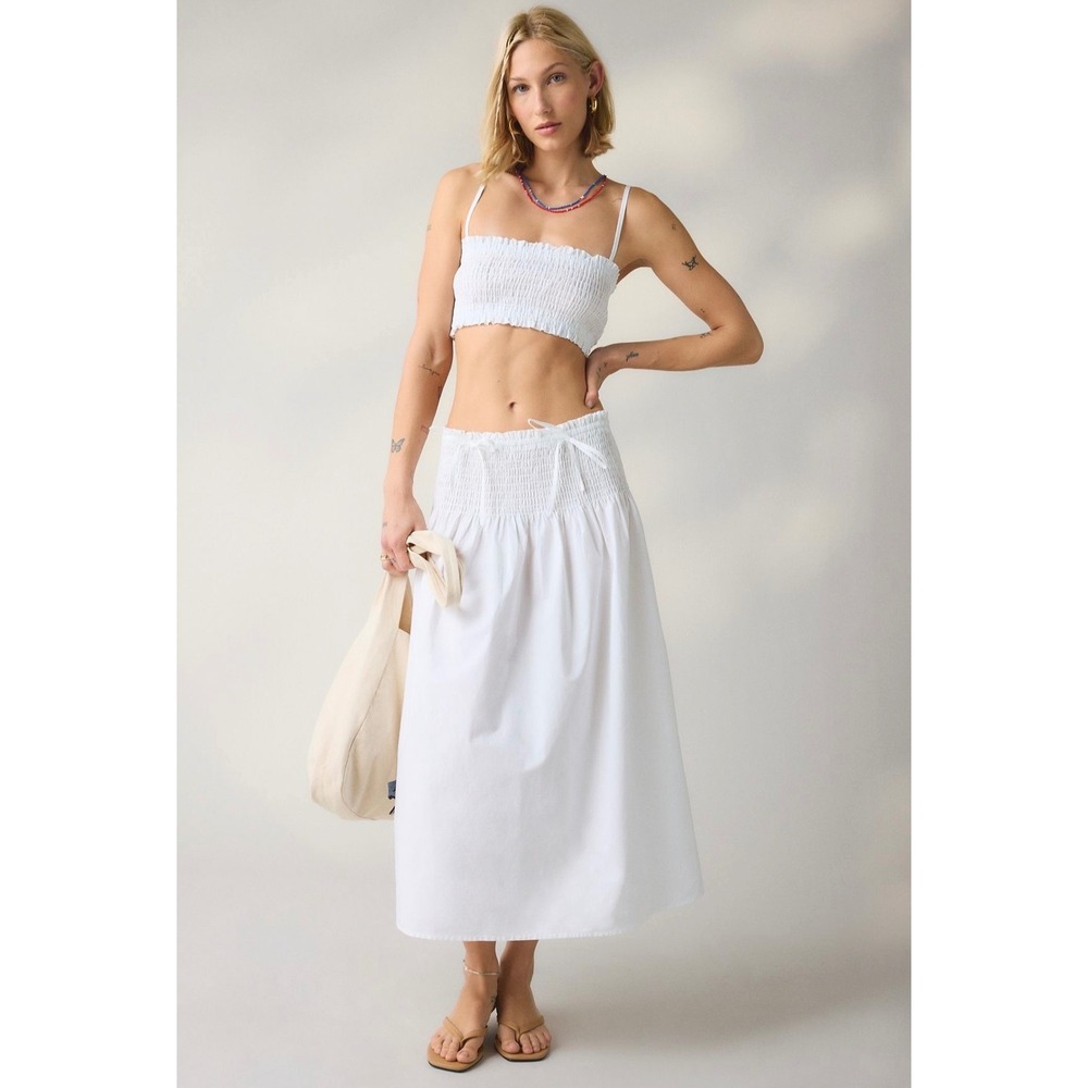 Kimchi Blue White Cotton Smocked Crop Top Midi Skirt Two Piece Set Womens M NWT